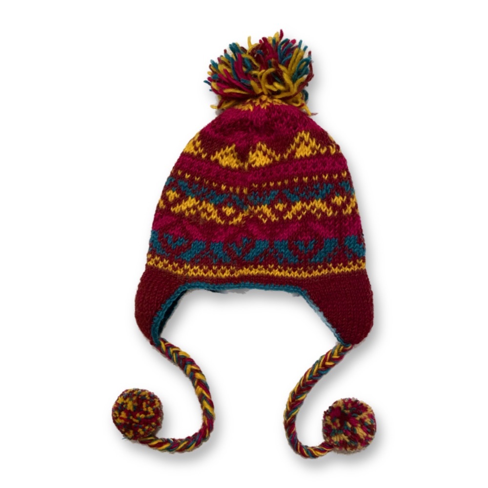 Knit Winter Hat in Red Pattern with Pom-poms